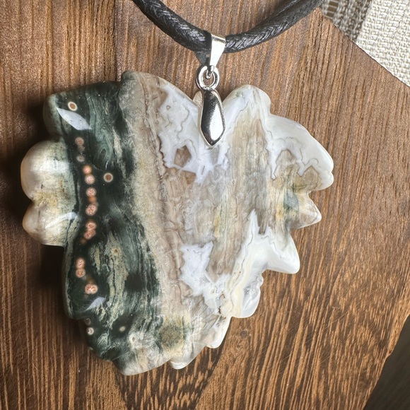 Ocean Jasper Leaf Pendant Necklace on Black Rope - Picture 6 of 10